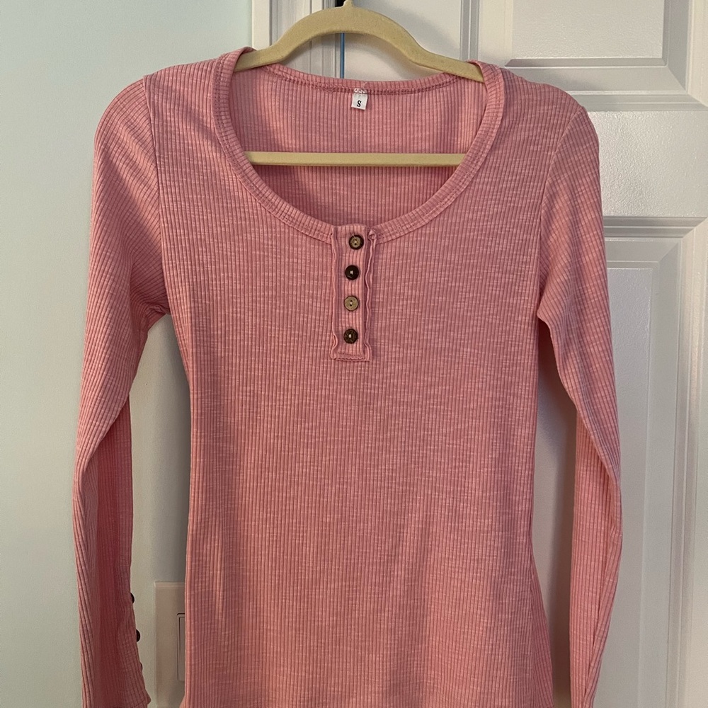 Light Pink Ribbed Long Sleeve Henley Top